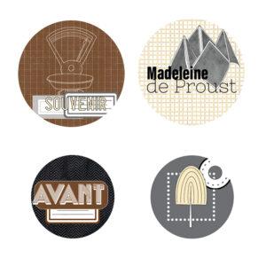 Lot de 4 Badges  – Collection RETROSPECTIVE – Quiscrap